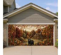 Housse de porte de garage en forme d'ours d'automne, paysage de forêt rustique, décoration d'automne, décoration d'intérieur saisonnière extérieure pour Thanksgiving et Halloween, 397 x 180 cm