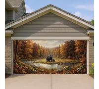 Housse de porte de garage en forme d'ours, nature, faune sauvage, rivière, arbres, automne, décoration de porte de garage, décoration d'intérieur pour jardin, cour, extérieur, toile de fond de fête