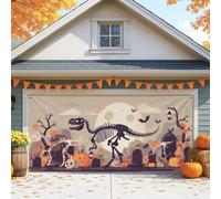 Housse de porte de garage fantaisie pour Halloween, squelette de dinosaure orange, grandes décorations de porte de garage, décoration de fête effrayante en plein air, 397 x 180 cm