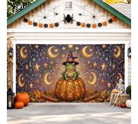 Housse de porte de garage fantaisie, sorcière, amphibien, citrouilles | Chapeau de sorcière, bannière de porte de garage, citrouilles lumineuses, silhouette nocturne étoilée