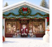 Housse de porte de garage festive avec Père Noël, décorations de vacances colorées pour l'hiver et l'extérieur, motif bonhomme de neige joyeux et arbre de Noël, 397 x 180 cm