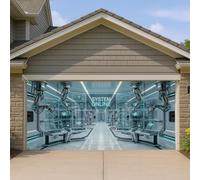 Housse de porte de garage futuriste, design science-fiction high-tech avec accents bleus froids, décoration d'intérieur et d'extérieur, fond de fête saisonnière, 397 x 180 cm