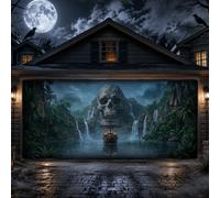 Housse de porte de garage gothique avec tête de mort et voilier 157 x 180 | Thème aventure gothique, décorations de porte de garage, paysage de jungle tropicale, cascades en cascade