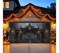 Housse de porte de garage gothique pour décoration d'Halloween 397 x 180 cm | Architecture gothique, bannière de porte de garage, atmosphère brumeuse, entrée de gare, décoration extérieure saisonnière de