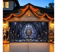 Housse de porte de garage gothique pour Halloween, sphère armillaire, 397 x | Scène de bibliothèque gothique, bannière de porte de garage, motifs de phases de lune, atmosphère mystique