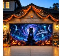 Housse de porte de garage Halloween 398,8 x 180,3 cm avec citation de chat | Thème de l'espace, décorations de porte de garage, nébuleuses cosmiques, imagerie de vaisseau spatial