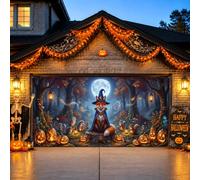 Housse de porte de garage Halloween Forêt enchantée Renards magiciens 400 x | Scène de forêt fantaisie, décorations de porte de garage, animaux de la forêt, pleine lune, décoration extérieure saisonnière
