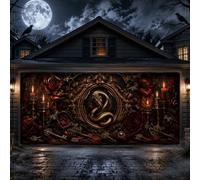 Housse de porte de garage Halloween gothique serpent doré et rose, 397 x | Décoration gothique, bannière de porte de garage, motifs floraux roses, clés antiques, style gothique savant