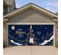 Housse de porte de garage « Happy Father's Day », décoration de guitare musicale bleu marine, thème étoiles et nuages pour célébration en plein air, décoration de fête des pères, 397 x 180 cm