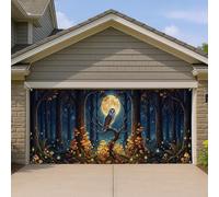 Housse de porte de garage hibou et lune, motif forêt enchantée, bleu foncé et doré, décoration extérieure saisonnière, décoration d'Halloween d'automne, 397 x 180 cm