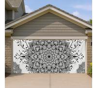 Housse de porte de garage mandala noir et blanc, motif floral élégant, grandes décorations de porte de garage, décoration d'intérieur et d'extérieur, fond de fête toute l'année, 397 x 180 cm