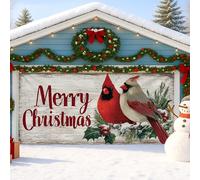 Housse de porte de garage « Merry Christmas » - Décoration d'hiver rouge cardinal - Motif bois rustique - Décoration d'extérieur pour fêtes de Noël - 390 x 180 cm