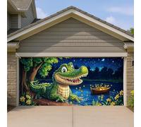Housse de porte de garage motif alligator de dessin animé, décorations extérieures amusantes et fantaisistes, scène nocturne colorée et vive, idéale pour les barbecues d'été, thème adapté aux enfants