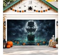 Housse de porte de garage motif bateau fantôme, gothique effrayant, Jack-o'-Lantern Moon Halloween - Revêtement mural noir pour garage, fête, décoration d'intérieur, jardin, cour, extérieur, toile de