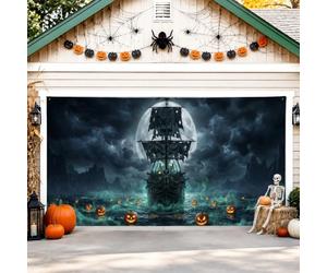 Housse de porte de garage motif bateau fantôme, gothique effrayant, Jack-o'-Lantern Moon Halloween - Revêtement mural noir pour garage, fête, décoration d'intérieur, jardin, cour, extérieur, toile de