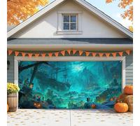 Housse de porte de garage motif bateau pirate hanté - Scène effrayante de l'océan - Décoration de porte de garage - Décoration de fête d'Halloween pour l'extérieur et l'intérieur - 400 x 180 cm