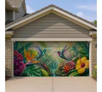 Housse de porte de garage motif colibri tropical, scène de forêt tropicale | Scène tropicale de forêt tropicale, décorations de porte de garage, fleurs d'hibiscus exotiques, plantes d'oiseau de paradis