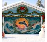 Housse de porte de garage motif dauphin tropical, grandes vagues, décoration de porte de garage, décoration de fête d'hiver intérieure et extérieure, 397 x 180 cm