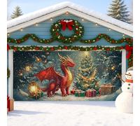 Housse de porte de garage motif dragon de Noël, décoration festive avec créature mythique rouge et thème du pays des merveilles d'hiver, parfaite pour une utilisation en intérieur et en extérieur, 397