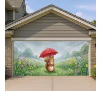 Housse de porte de garage motif écureuil avec parapluie rouge, motif floral coloré pour décoration de printemps extérieure, thème animal mignon pour décoration d'intérieur saisonnière, 397 x 180 cm