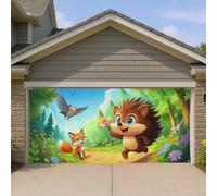 Housse de porte de garage motif hérisson et renard, décoration d'extérieur colorée de style dessin animé pour chambre d'enfant, décoration d'intérieur sur le thème du jardin printanier, 400 x 180 cm