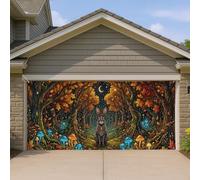 Housse de porte de garage motif loup, champignons fantastiques mystiques, arbres, automne, orange, décoration de porte de garage, décoration d'intérieur pour jardin, terrasse, extérieur, toile de fond