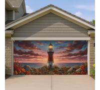 Housse de porte de garage motif phare, drapeau de porte de garage réaliste sur le thème de la côte, motif coucher de soleil bleu d'été, décoration d'intérieur, pour jardin, cour, extérieur, intérieur
