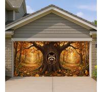 Housse de porte de garage motif raton laveur, feuilles d'arbre rustiques, drapeau de porte de garage, décoration d'intérieur pour porche, terrasse, cour, fête extérieure, 400 x 180 cm