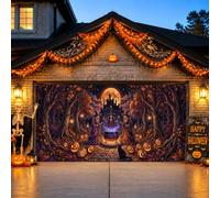 Housse de porte de garage motif sorcières et chaudron Halloween 397 x 180 | Thème forêt enchantée, décorations de porte de garage, toile de fond pleine lune, scène chaudron, atmosphère effrayante