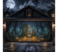 Housse de porte de garage Motif squelette du jour des morts 397 x 180 cm | Guirlandes de fleurs de souci, décorations de porte de garage, cimetière forestier atmosphérique, pierre tombale en pierre
