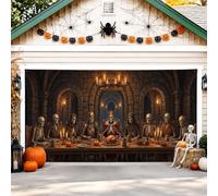 Housse de porte de garage motif squelettes - Citrouilles gothiques effrayantes - Candélabres d'Halloween - Bannière de porte de garage sombre - Décoration d'intérieur pour jardin, terrasse, extérieur