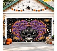 Housse de porte de garage motif tête de mort - Champignons gothiques psychédéliques - Soleil d'Halloween - Toile de fond noire pour porte de garage - Décoration d'intérieur pour porche, terrasse, cour