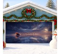 Housse de porte de garage motif traîneau du Père Noël, ciel nocturne, décoration hivernale bleue, décoration festive d'intérieur et d'extérieur, 397 x 180 cm