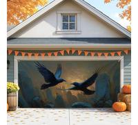 Housse de porte de garage mystérieux corbeaux noirs, grandes décorations d'Halloween pour extérieur et intérieur, décoration d'automne effrayante, 390 x 180 cm
