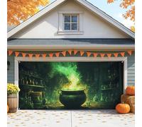 Housse de porte de garage mystique d'Halloween, chaudron vert et potion, grandes décorations de porte de garage, décoration effrayante d'intérieur et d'extérieur pour fête d'automne, 397 x 180 cm