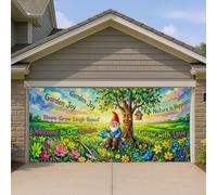 Housse de porte de garage, nain de jardin, scène naturelle colorée, décorations extérieures, décoration florale printanière, bienvenue sur le thème de notre jardin, 397 x 180 cm