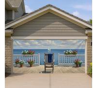 Housse de porte de garage nautique côtière, vue sur l'océan bleu avec pots de fleurs, grandes décorations de porte de garage, décoration d'été extérieure de 400 x 180 cm