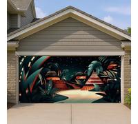 Housse de porte de garage Paradis tropical, grandes décorations extérieures sur le thème de la plage, illustration du ciel nocturne pour s'amuser en été, motif jardin exotique, 397 x 180 cm