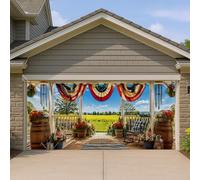 Housse de porte de garage patriotique, style rustique vintage avec éléments rouges, blancs et bleus, parfaite pour la décoration extérieure d'été et la célébration du jour de l'indépendance, 400 x 180