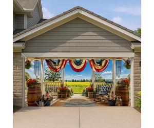 Housse de porte de garage patriotique, style rustique vintage avec éléments rouges, blancs et bleus, parfaite pour la décoration extérieure d'été et la célébration du jour de l'indépendance, 400 x 180
