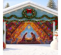 Housse de porte de garage pour crèche de Noël, décorations colorées de Noël, décoration festive d'intérieur et d'extérieur 397 x 180 cm