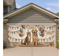 Housse de porte de garage pour fête animale, motif chat et chien de style vintage avec boules flottantes colorées, décorations d'extérieur amusantes pour anniversaires et célébrations, 400 x 180 cm