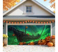Housse de porte de garage pour Halloween - Grand bateau fantôme vert effrayant - Décoration de porte de garage - Décoration de fond de fête d'Halloween pour intérieur et extérieur - 400 x 180 cm