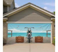 Housse de porte de garage pour moto, décoration artistique côtière vintage, scène de plage bleue avec bagages, décoration d'été extérieure et intérieure, 397 x 180 cm