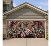 Housse de porte de garage rustique Americana - Décorations vintage patriotiques étoiles et fleurs - Décoration d'extérieur rouge, blanc et bleu pour le jour de l'indépendance et l'été, 400 x 180 cm