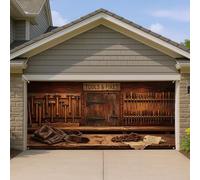 Housse de porte de garage rustique, design vintage d'atelier d'outils, style bois marron, décoration d'intérieur, utilisation intérieure et extérieure, décoration toute l'année, 400 x 180 cm
