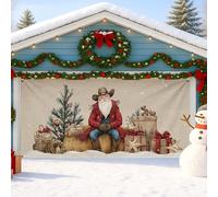 Housse de porte de garage rustique Père Noël, décorations de vacances vintage avec sapin de Noël et cadeaux, parfaite pour les fêtes d'hiver en plein air, 397 x 180 cm