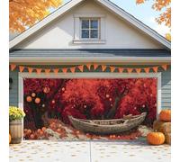 Housse de porte de garage rustique vintage pour garage, grandes décorations d'automne en forme de citrouille et d'érable, décoration d'extérieur d'Halloween et de Thanksgiving, 397 x 180 cm