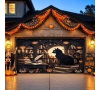 Housse de porte de garage Scène d'Halloween de chat effrayant 397 x 180 cm | Thème de bibliothèque effrayant, toile de fond de porte de garage, étagères vintage, lanternes lumineuses, plume mystérieuse