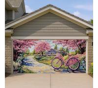 Housse de porte de garage Spring Blossom Peach Vintage Bike Grandes décorations de porte de garage, décoration de fond pour la maison et l'extérieur, 397 x 180 cm
